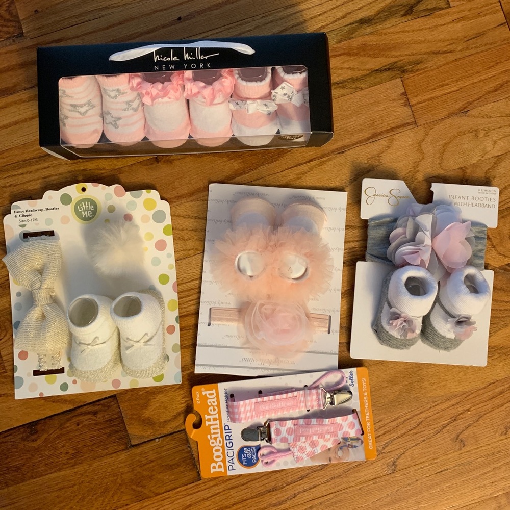 Baby girl socks, headbands, and paci clips